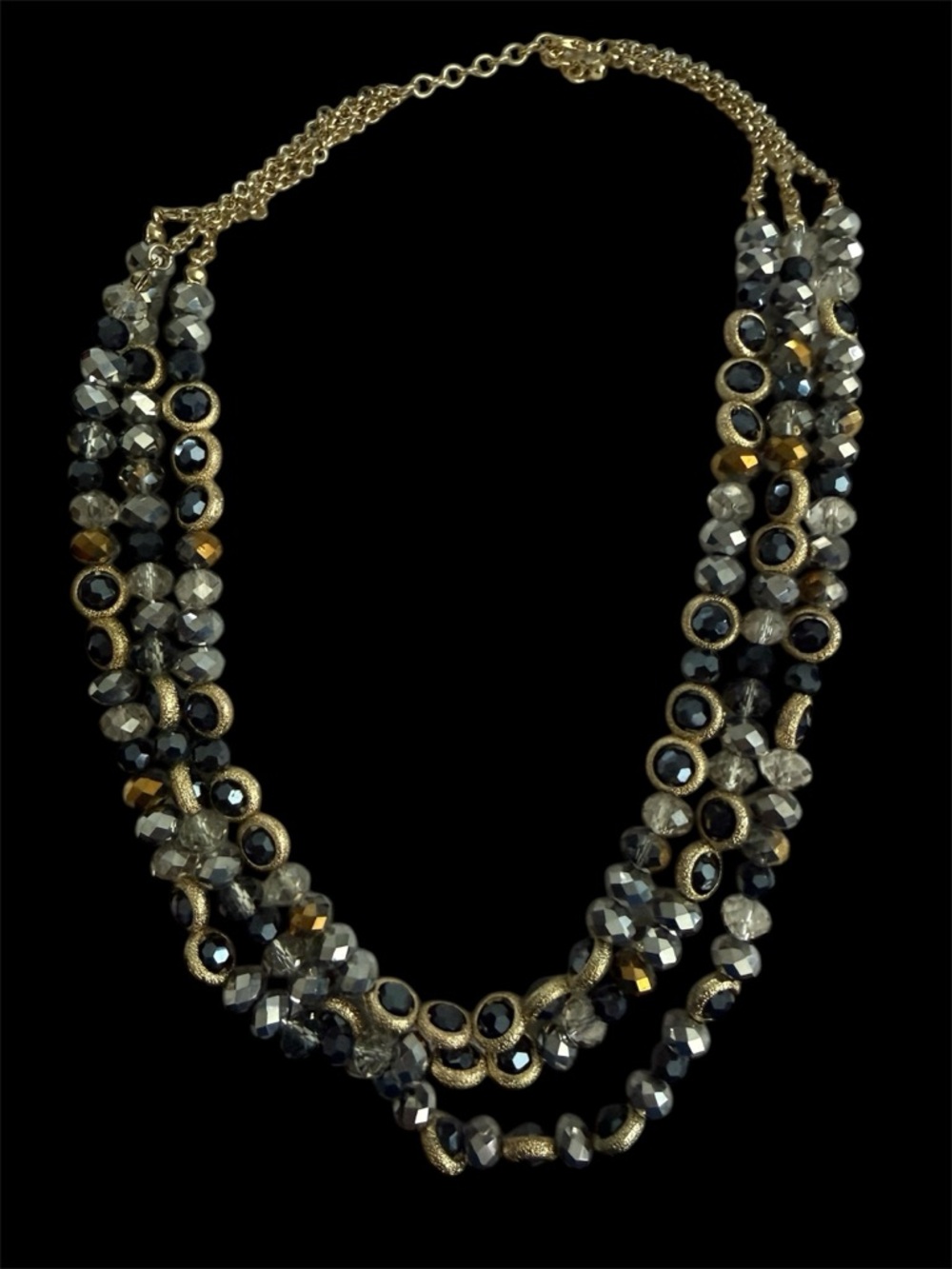 Multi-Strand Faceted Bead Necklace in Gold and Gunmetal